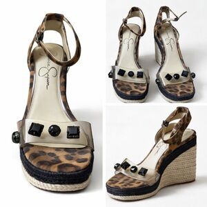 Jessica Simpson Leopard Espadrille Wedge Sandals Clear Strap Gem Studs Size 7